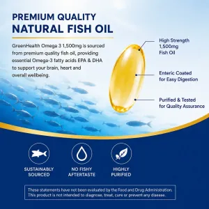 Premium Quality GreenHealth Omega 3 1,500mg Natural Fish Oil